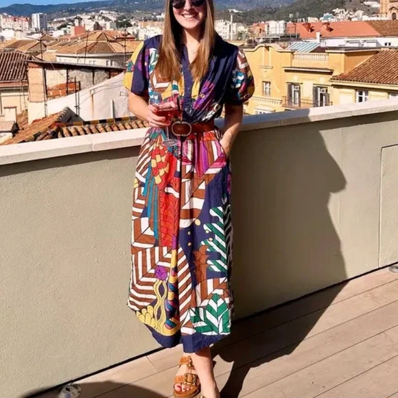 Carolina K Retro Mod Muumuu Midi Dress XS Artsy Kaftan Vacation Designer $425 - Picture 7 of 13